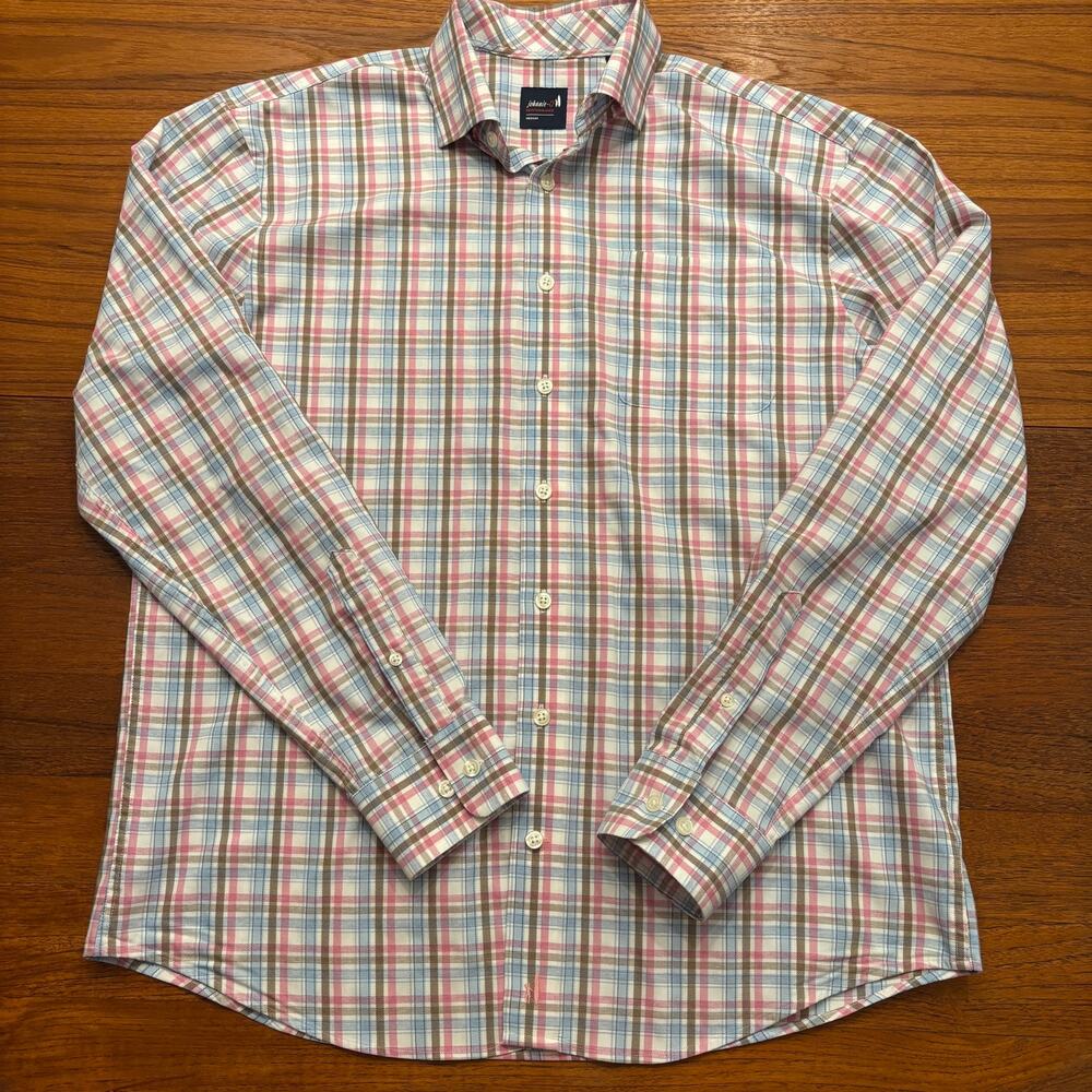 Johnnie-O Performance men’s Blue Pink plaid Long Sleeve button down Shirt M